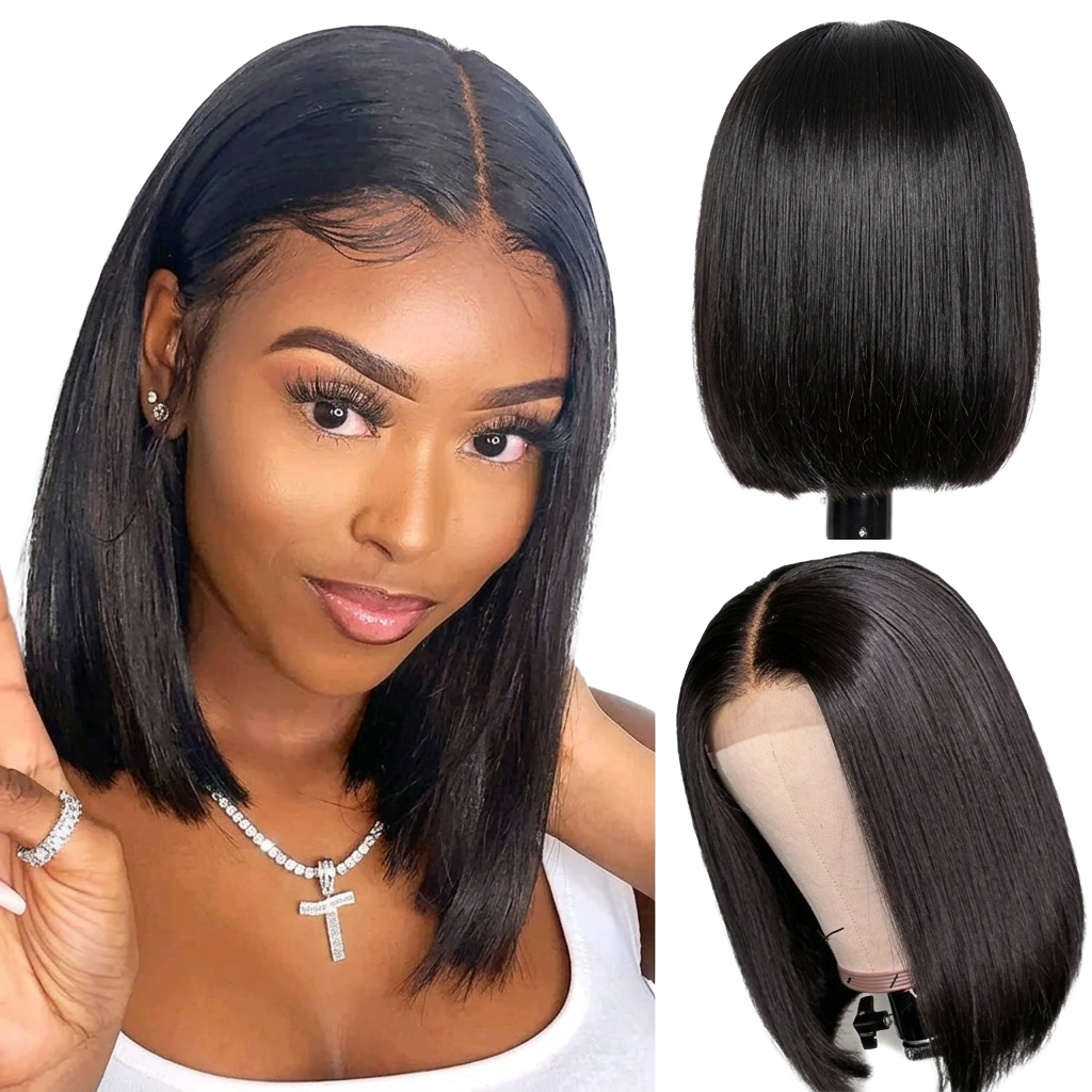 Straight black bob wig install